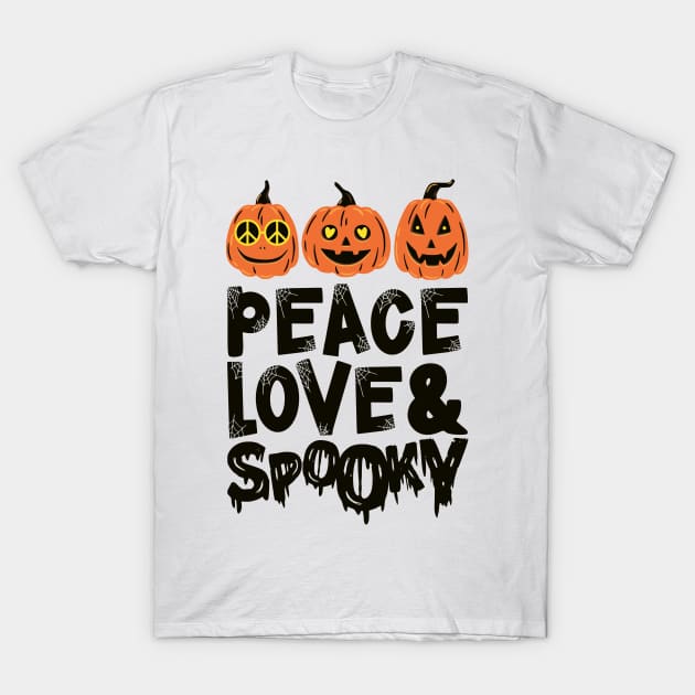 Peace Love & Spooky Hippie Halloween Pumpkins Jack O Lantern T-Shirt by August Design